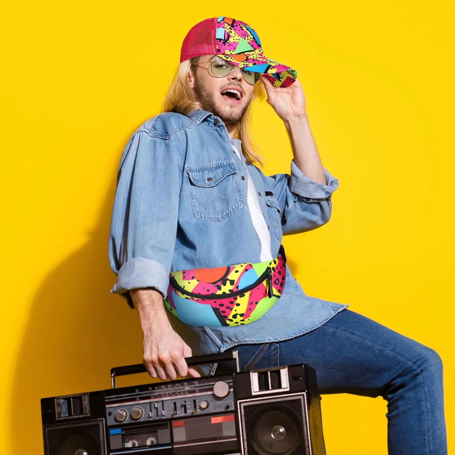 2 Pcs Retro 80s 90s Outfits for Women Men Fanny Pack and Hat Costumes Accessories for Party Decorations