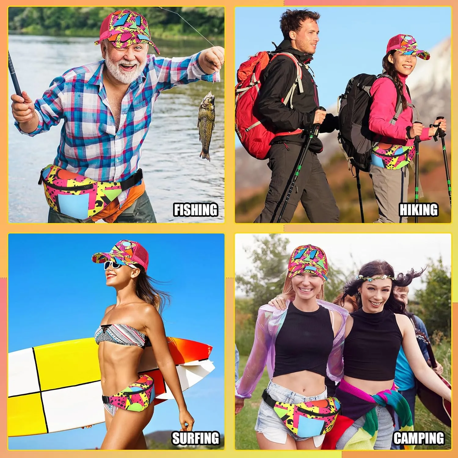 2 Pcs Retro 80s 90s Outfits for Women Men Fanny Pack and Hat Costumes Accessories for Party Decorations