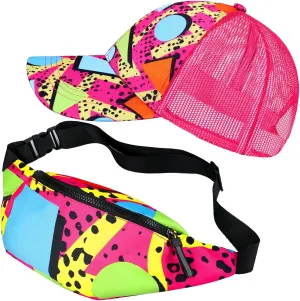 2 Pcs Retro 80s 90s Outfits for Women Men Fanny Pack and Hat Costumes Accessories for Party Decorations