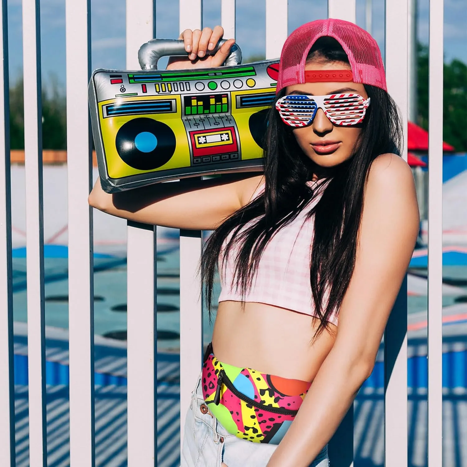 2 Pcs Retro 80s 90s Outfits for Women Men Fanny Pack and Hat Costumes Accessories for Party Decorations