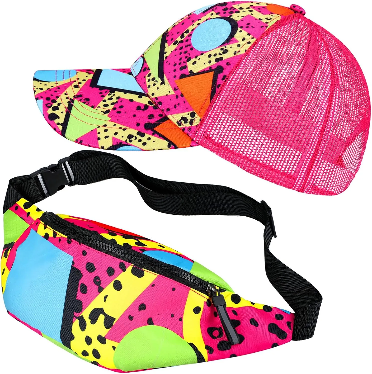 2 Pcs Retro 80s 90s Outfits for Women Men Fanny Pack and Hat Costumes Accessories for Party Decorations