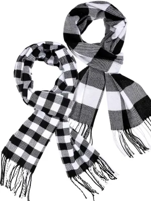 2 Pieces Plaid Check Warm Women Blanket Scarf Cozy Plaid Winter Scarf Wrap Shawl Black White
