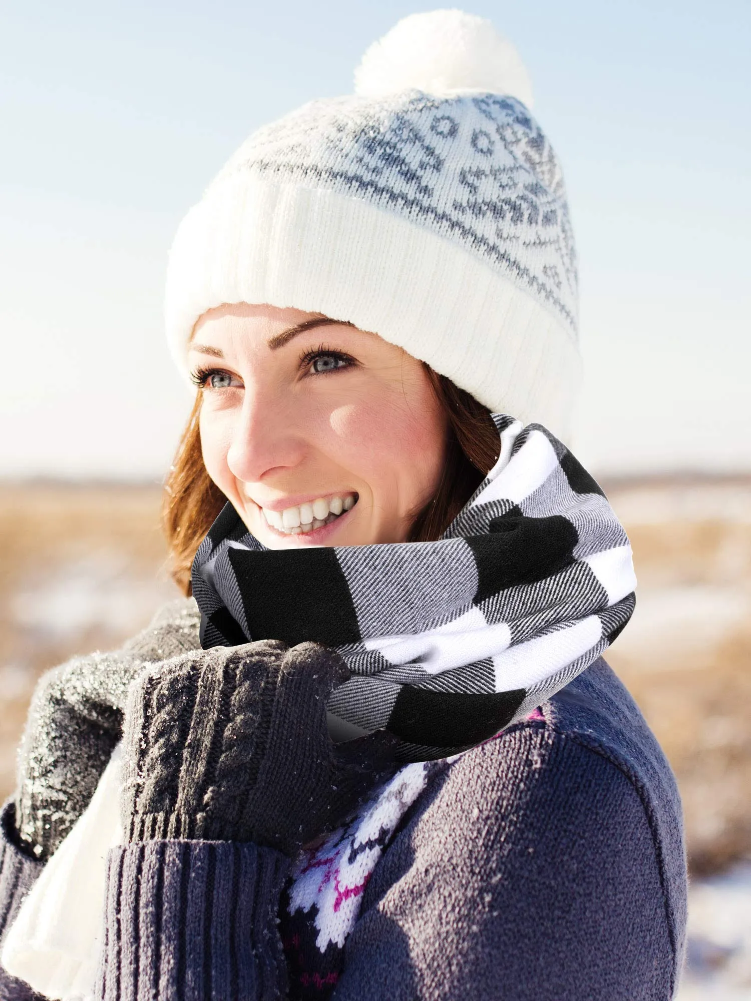 2 Pieces Plaid Check Warm Women Blanket Scarf Cozy Plaid Winter Scarf Wrap Shawl Black White