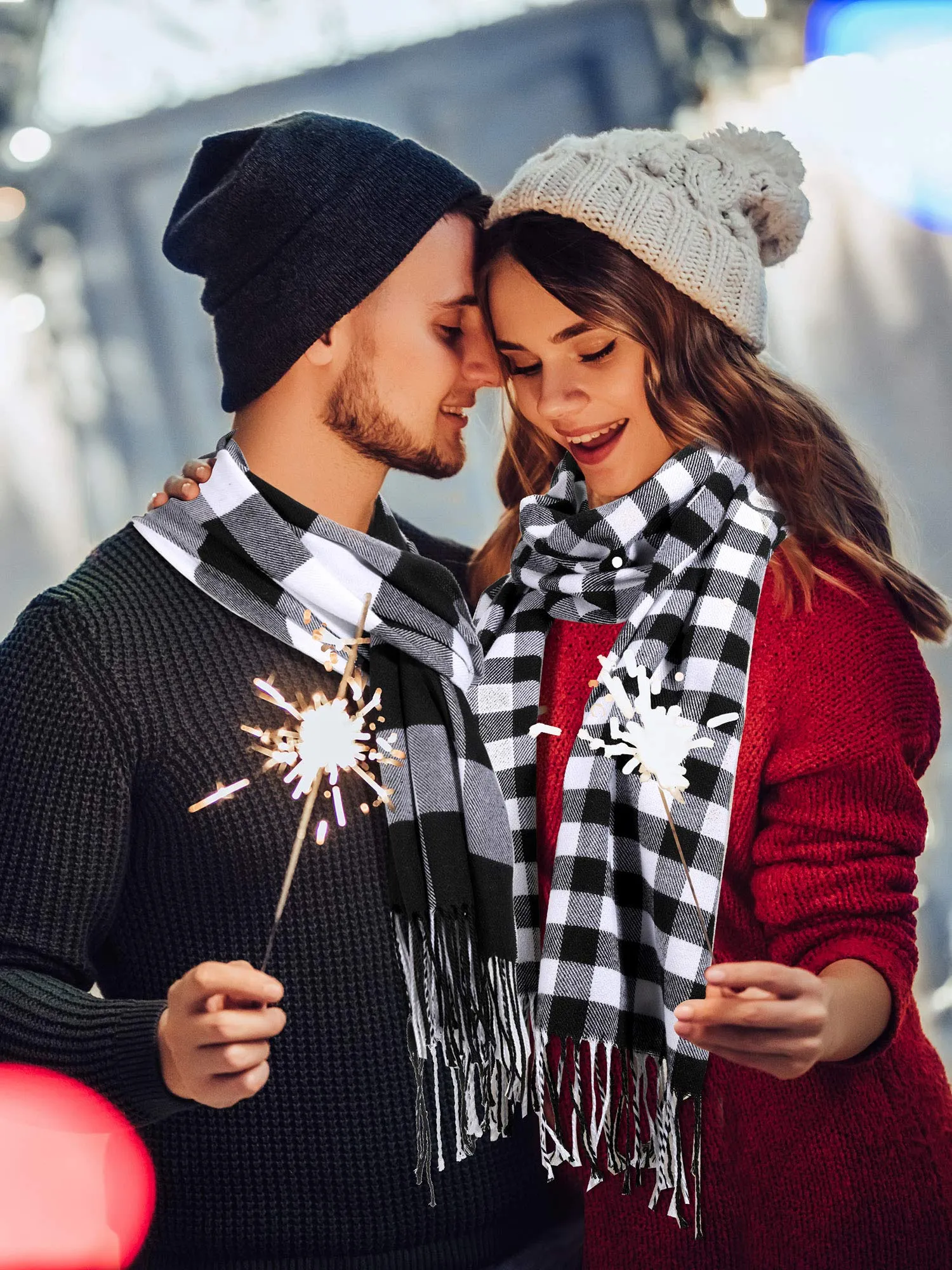 2 Pieces Plaid Check Warm Women Blanket Scarf Cozy Plaid Winter Scarf Wrap Shawl Black White
