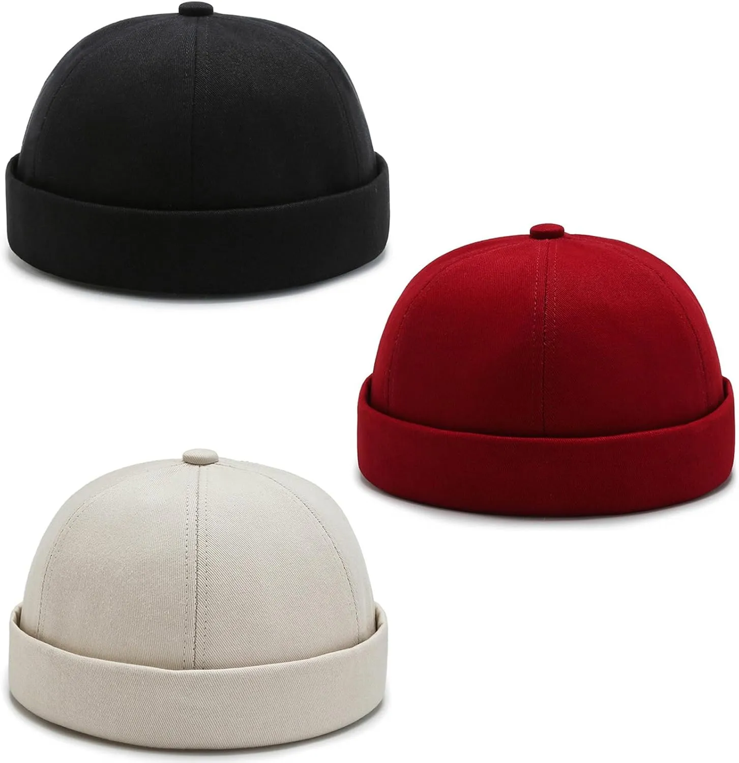 3 Pack Mens Brimless Skullcap Sailor Docker Cap Rolled Cuff Retro Beanie Hat