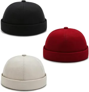 3 Pack Mens Brimless Skullcap Sailor Docker Cap Rolled Cuff Retro Beanie Hat