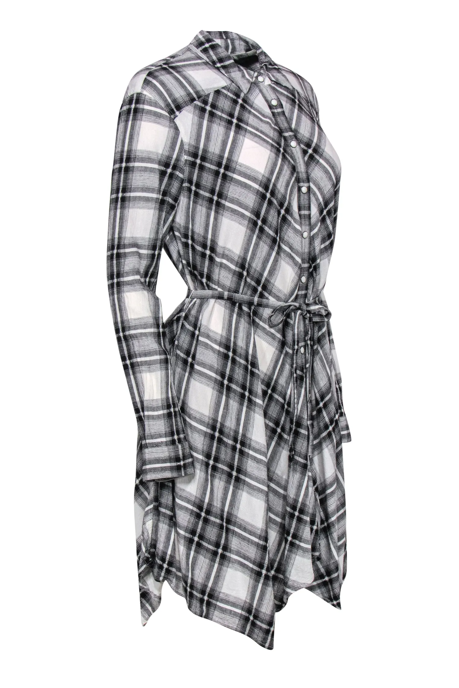 All Saints - Black & White Plaid Button-Up Belted Shirt Dress Sz S