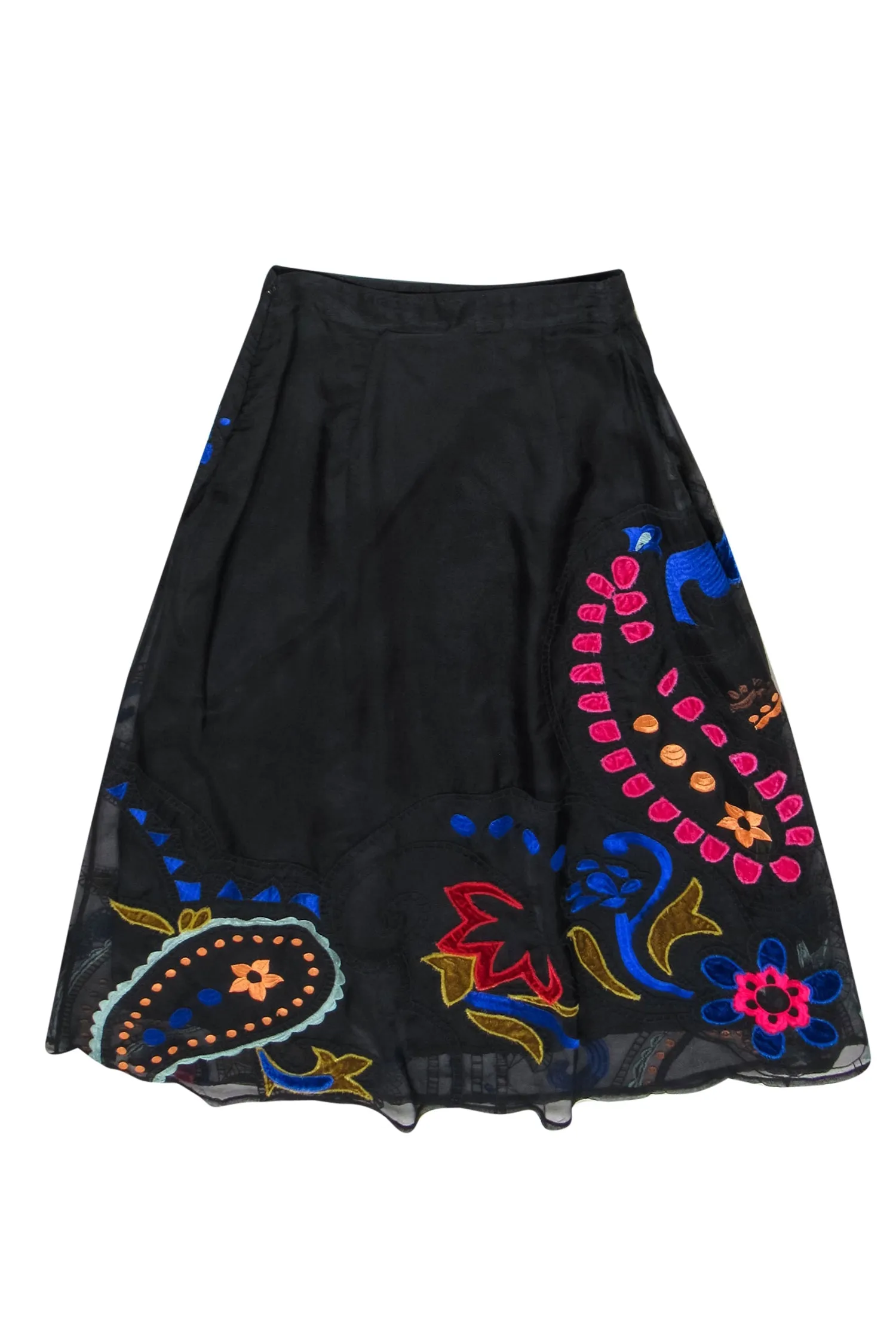 Anthropologie - Black & Multicolor Velvet Embroidered Midi Skirt Sz 6