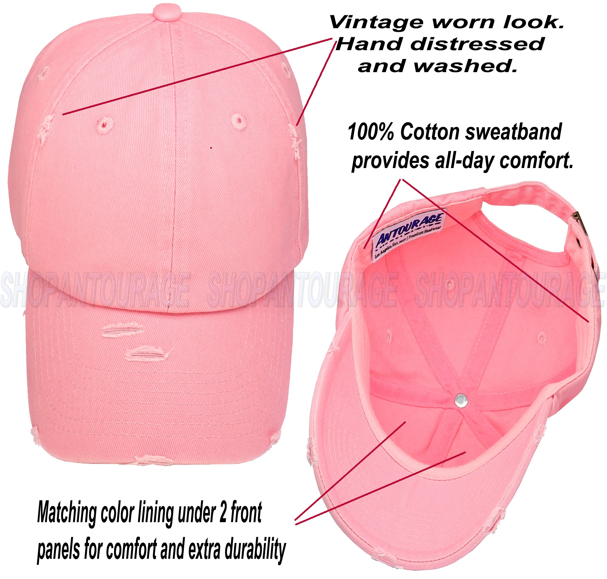 ANTOURAGE Vintage Distressed Unisex Washed Plain Cotton New Baseball Dad Hat Cap - Pink - 10 Units ($5.50 Ea.)