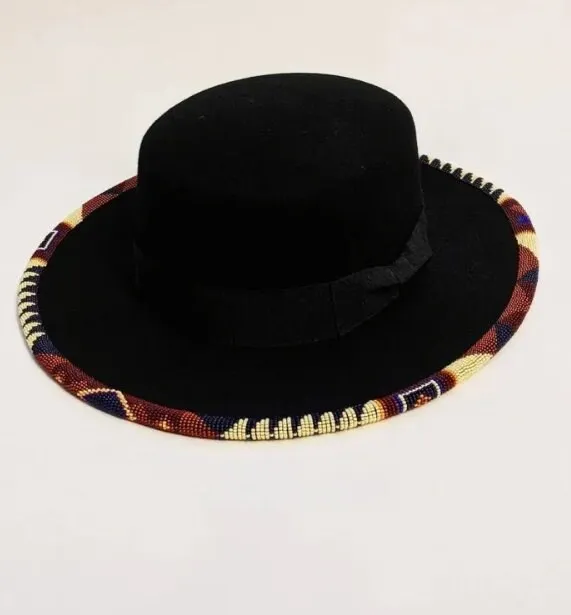 Black beaded fedora hat/cowboy hat|summer hats|brim hat with cream and brown bead work with free shipping world wide