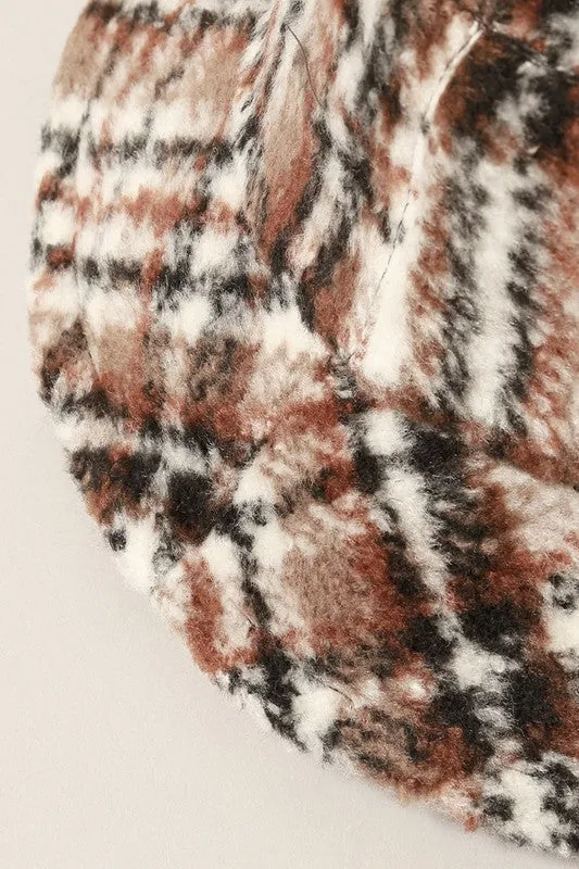Brown Winter Plaid Pattern Wool Blend Bucket Hat