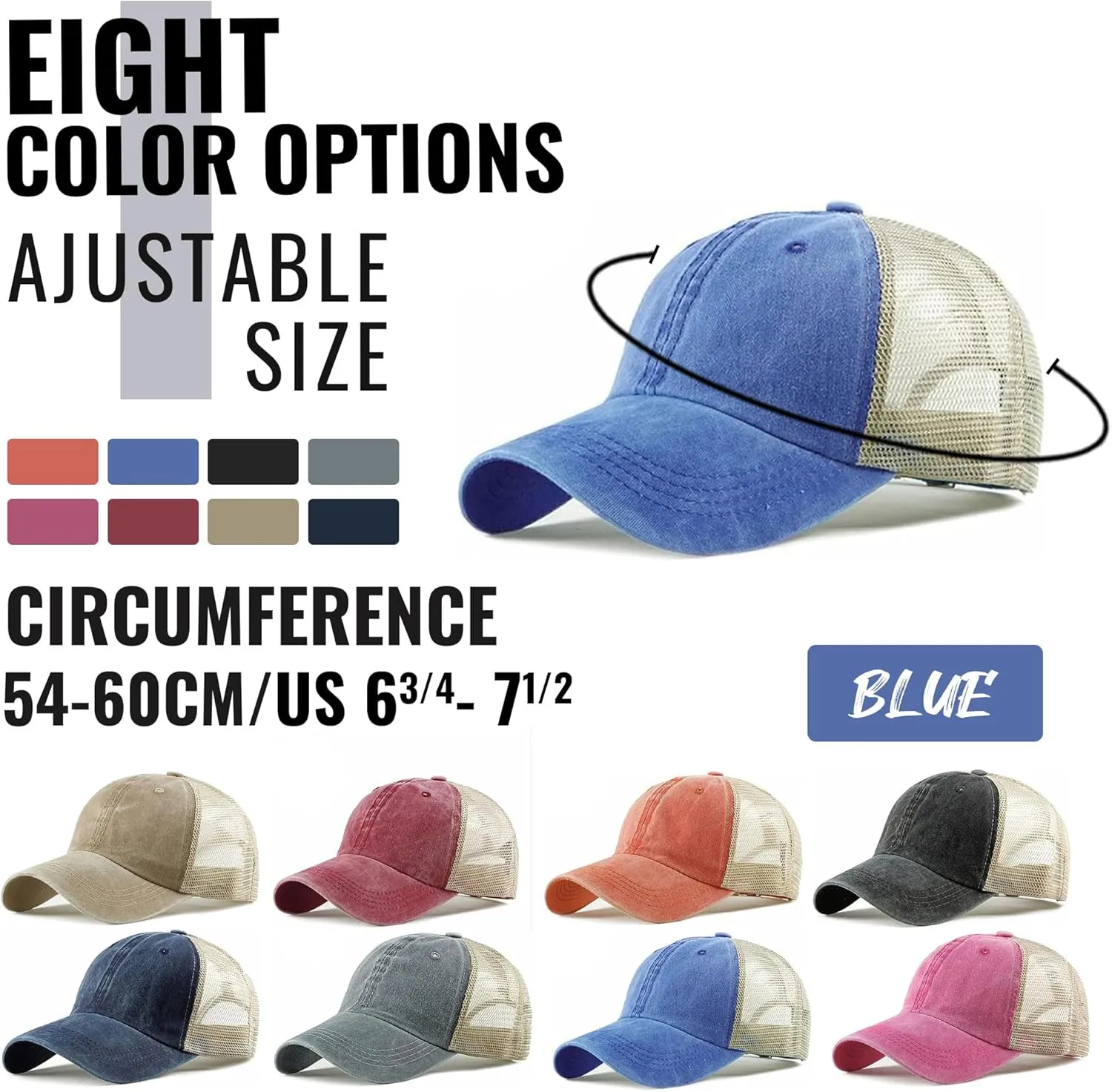 Croogo Men's Adjustable Mesh Back Cap Curved Bill Snapback Mesh Baseball Cap Retro Washed Trucker Cap Breathable Sun Hat