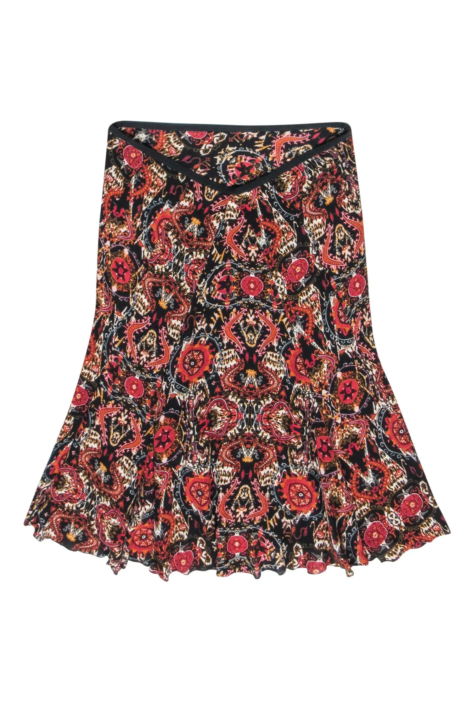 Diane von Furstenberg - Black, Red & Orange Bohemian Print Silk Midi Skirt Sz 8