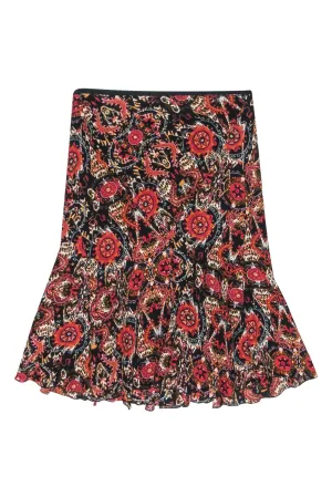 Diane von Furstenberg - Black, Red & Orange Bohemian Print Silk Midi Skirt Sz 8