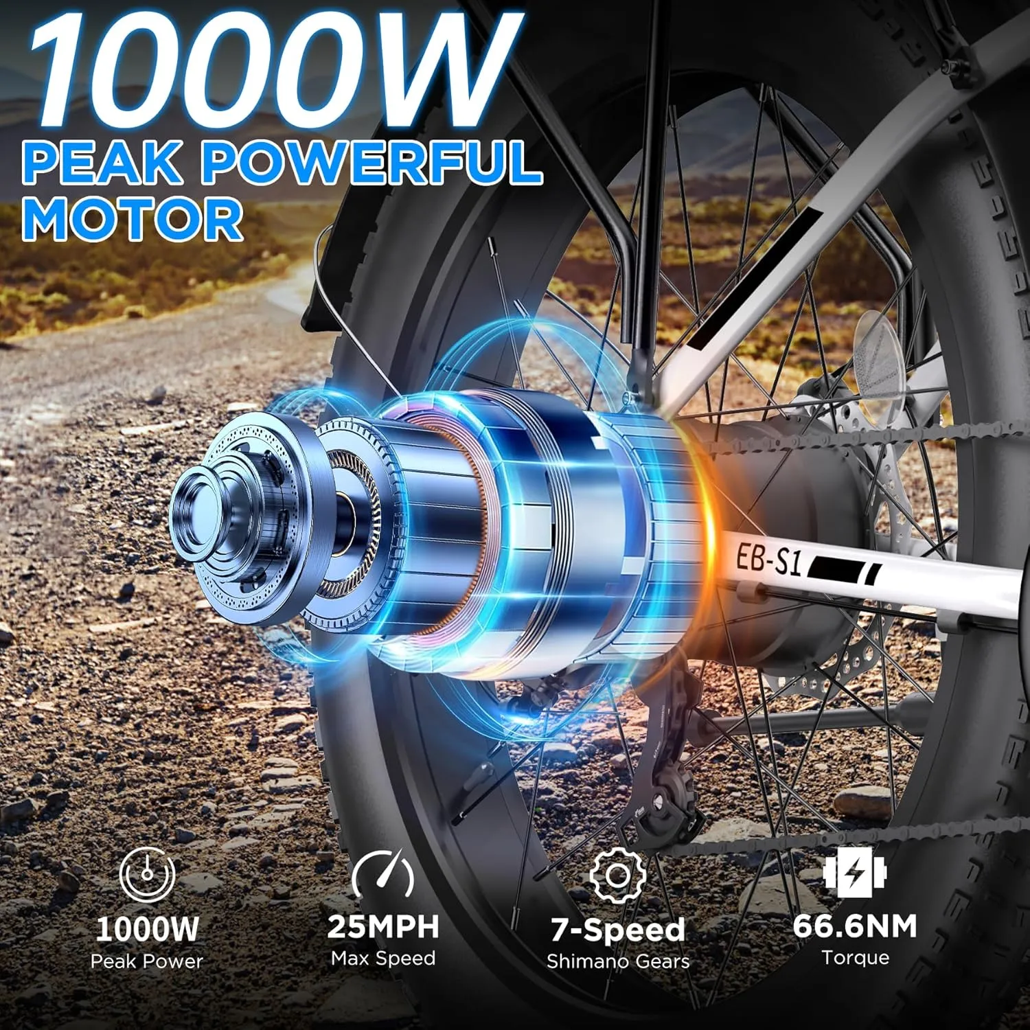 Electric Bike for Adults, 1000W Peak Ebike, 25MPH 60Miles Electric Mountain Bike, 26" Fat Tire Electric Bicycle with 48V 13AH Battery, Rear Rack, Turn Signal, Lockable Suspension Fork,7 Speed