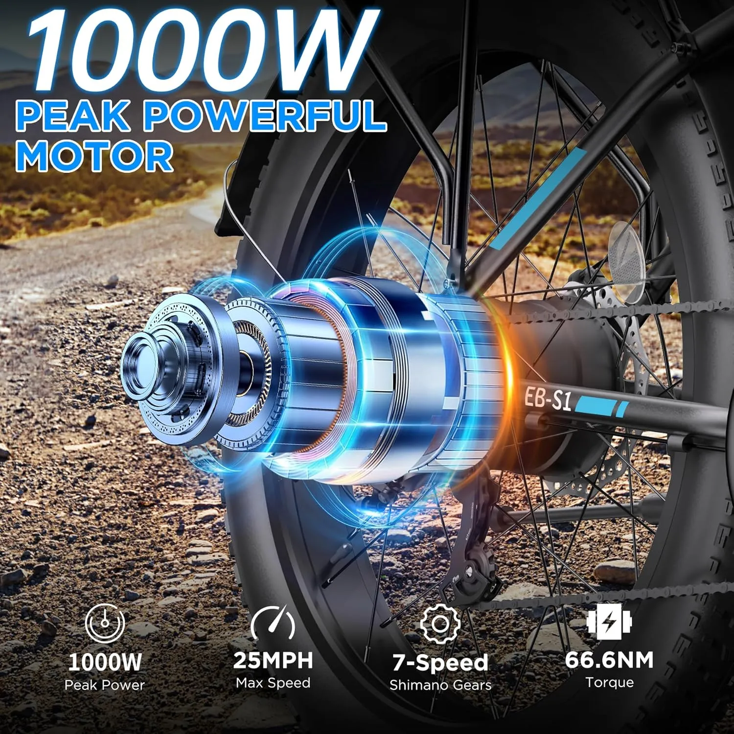 Electric Bike for Adults, 1000W Peak Ebike, 25MPH 60Miles Electric Mountain Bike, 26" Fat Tire Electric Bicycle with 48V 13AH Battery, Rear Rack, Turn Signal, Lockable Suspension Fork,7 Speed