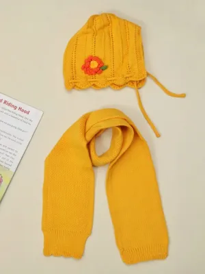Girls' Knitted Yellow Winter Hat and Scarf Set with Floral Accent