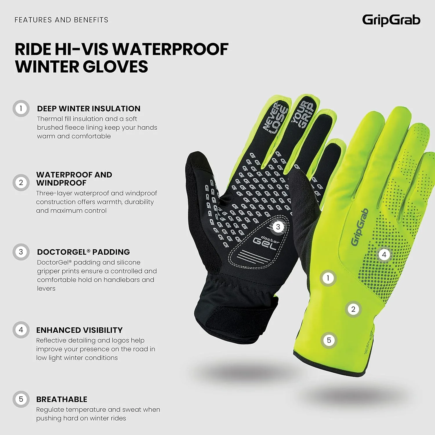 GripGrab Ride Waterproof Thermal Padded Cycling Gloves - Fleece Lined, Windproof, Winter Bike Gloves