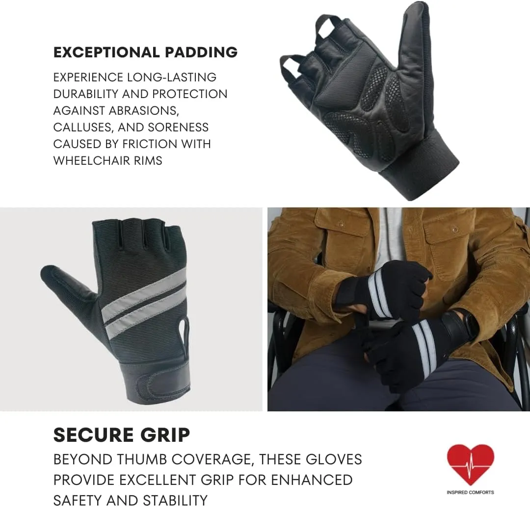 Inspired Comforts Wheelchair Gloves Fingerless Full Thumb with Anti-Slip Grip, Breathable & Reflective