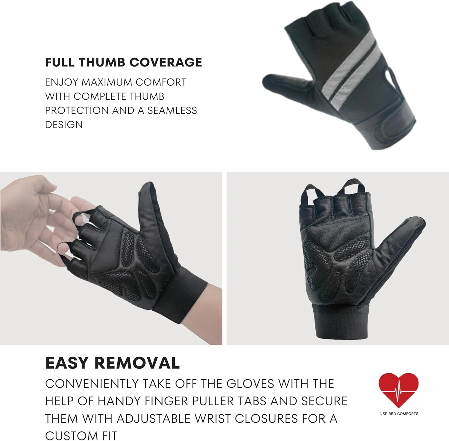 Inspired Comforts Wheelchair Gloves Fingerless Full Thumb with Anti-Slip Grip, Breathable & Reflective
