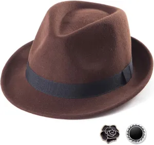 LADYBRO Straw Trilby Fedora Hat for Men 1920s Short Brim Wool Felt Panama Cap 7 1/4