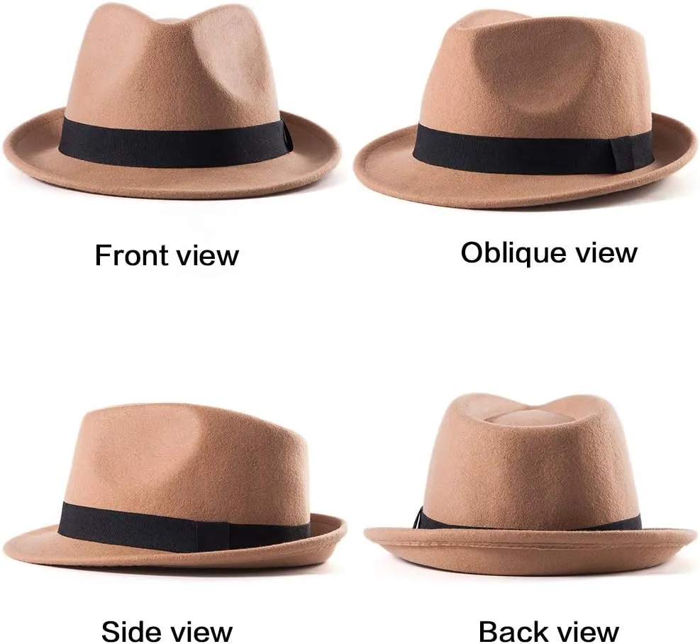 LADYBRO Straw Trilby Fedora Hat for Men 1920s Short Brim Wool Felt Panama Cap 7 1/4