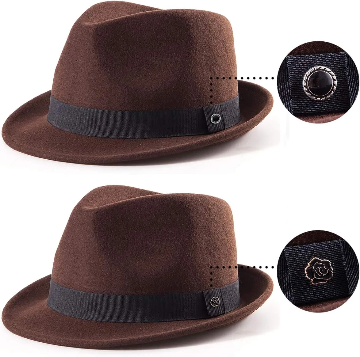 LADYBRO Straw Trilby Fedora Hat for Men 1920s Short Brim Wool Felt Panama Cap 7 1/4