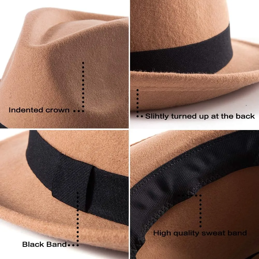 LADYBRO Straw Trilby Fedora Hat for Men 1920s Short Brim Wool Felt Panama Cap 7 1/4