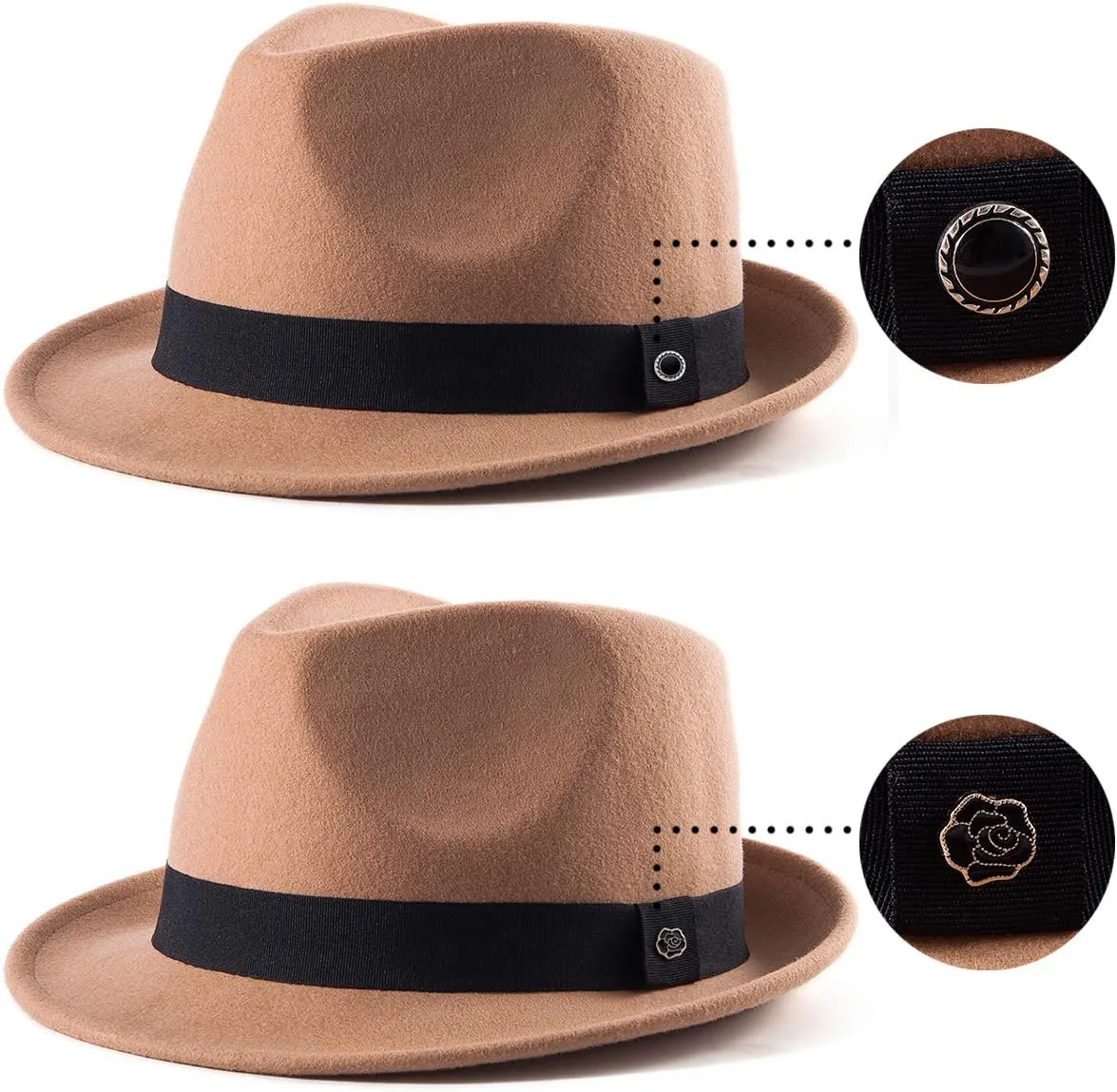 LADYBRO Straw Trilby Fedora Hat for Men 1920s Short Brim Wool Felt Panama Cap 7 1/4