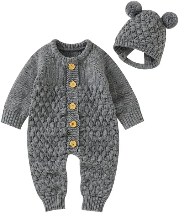 LAWKUL Baby Outfit Cotton Knit Newborn Infant Romper Knitted Longsleeve Sweater Clothes With Warm Hat Set Toddler Boy Girl