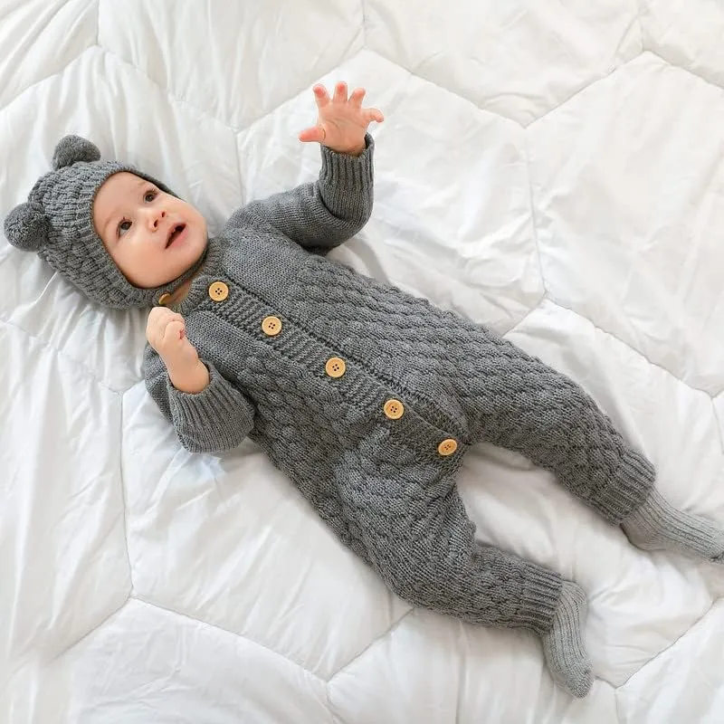 LAWKUL Baby Outfit Cotton Knit Newborn Infant Romper Knitted Longsleeve Sweater Clothes With Warm Hat Set Toddler Boy Girl