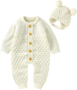 LAWKUL Baby Outfit Cotton Knit Newborn Infant Romper Knitted Longsleeve Sweater Clothes With Warm Hat Set Toddler Boy Girl