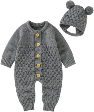 LAWKUL Baby Outfit Cotton Knit Newborn Infant Romper Knitted Longsleeve Sweater Clothes With Warm Hat Set Toddler Boy Girl