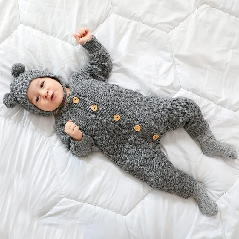 LAWKUL Baby Outfit Cotton Knit Newborn Infant Romper Knitted Longsleeve Sweater Clothes With Warm Hat Set Toddler Boy Girl