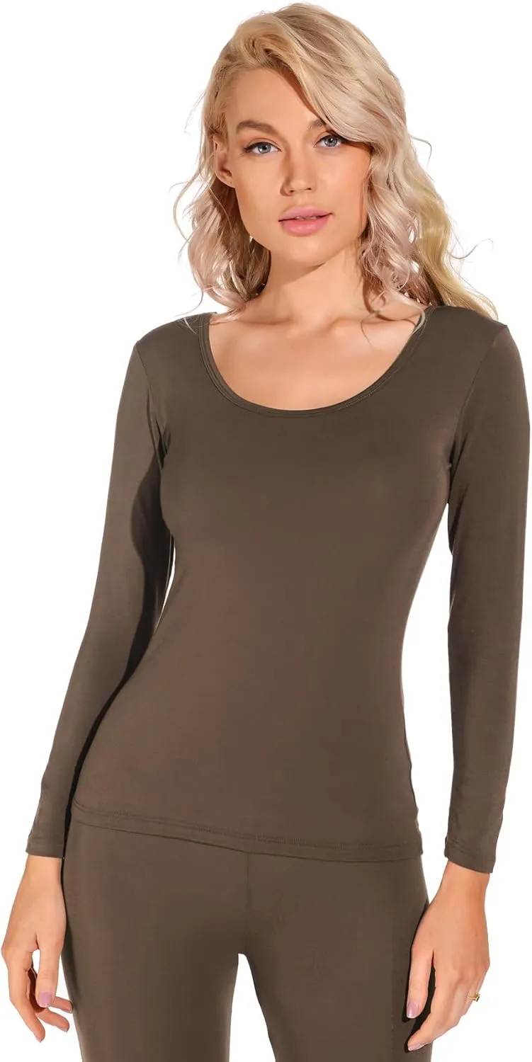 Liang Rou Women's Scoop Neck Long Johns Ultra Thin Modal Thermal Underwear Top & Bottom Set