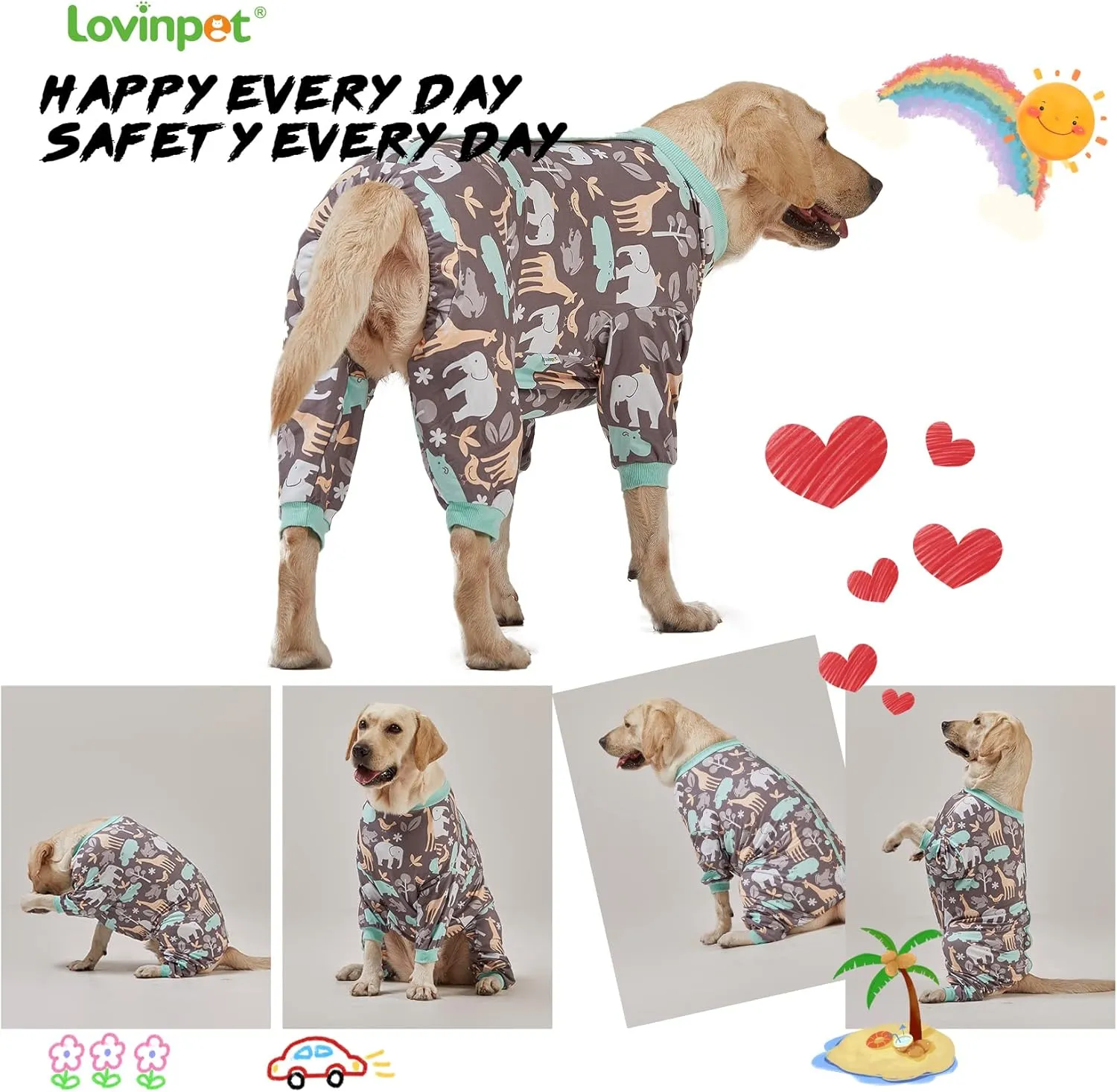 LovinPet Large Dog PJS, Hippos Zoo Cozy Dog Pajamas, Slim fit, Lightweight Pullover Clothes/Full Coverage Golden Retriever Pajamas/Back Snap Button is Only Decoration /3XL