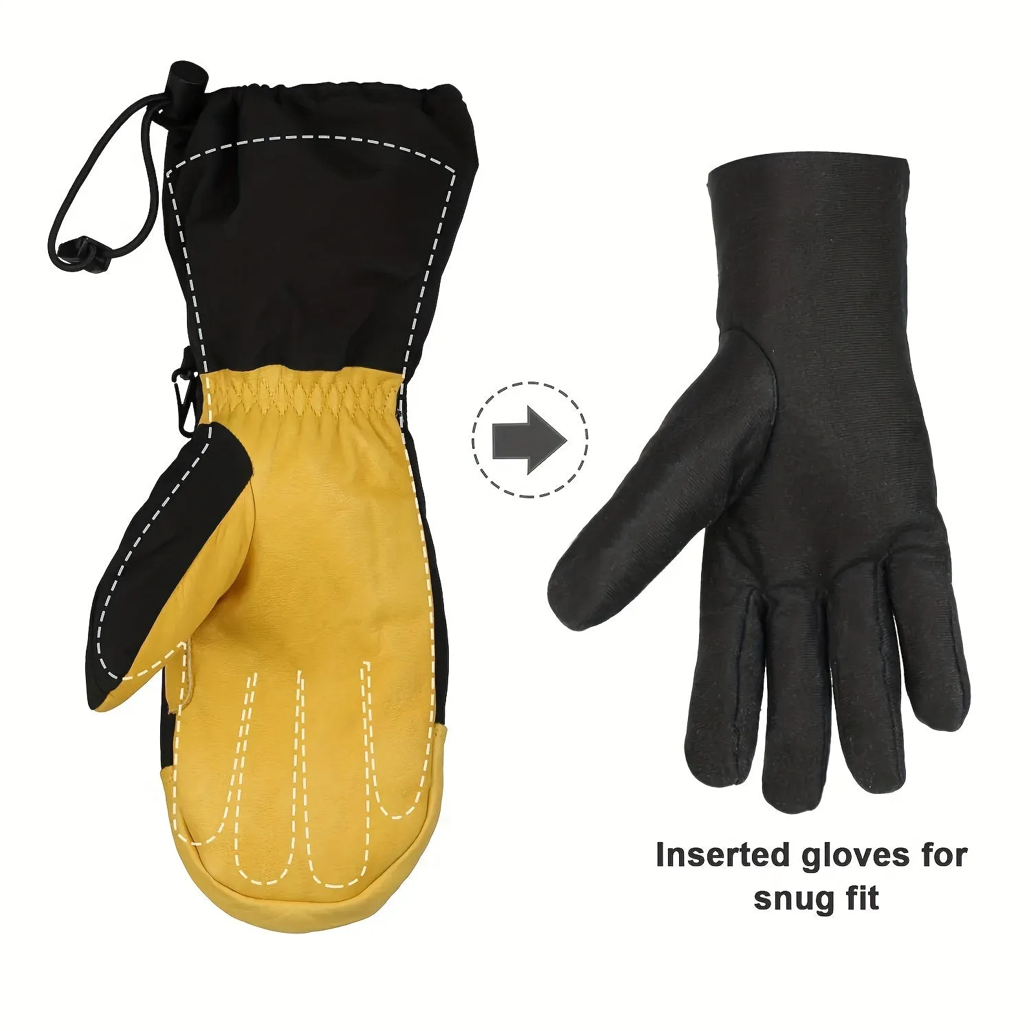 Men's Waterproof Ski Mittens with Drawstring Closure, Nylon Woven Fabric, Hand Washable - Thermal Insulated Gloves for Winter Sports