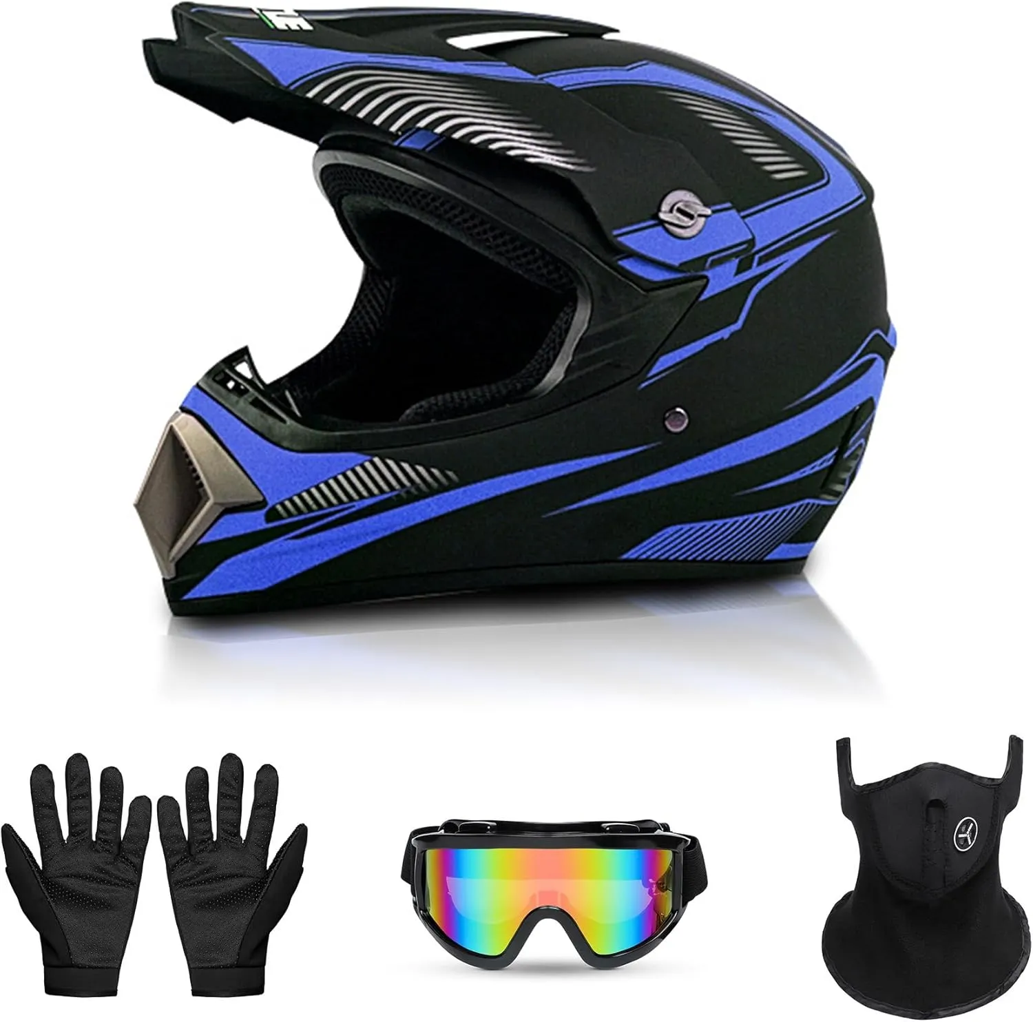 Motorcross Helmet, Off-Road Dirt Bike Helmet, ATV Helmet, Youth Motorcycle Helmet, Unisex Full-face Helmet, Comfortable and Lightweight, FMVSS-218 Safety Certified,4 Piece Set