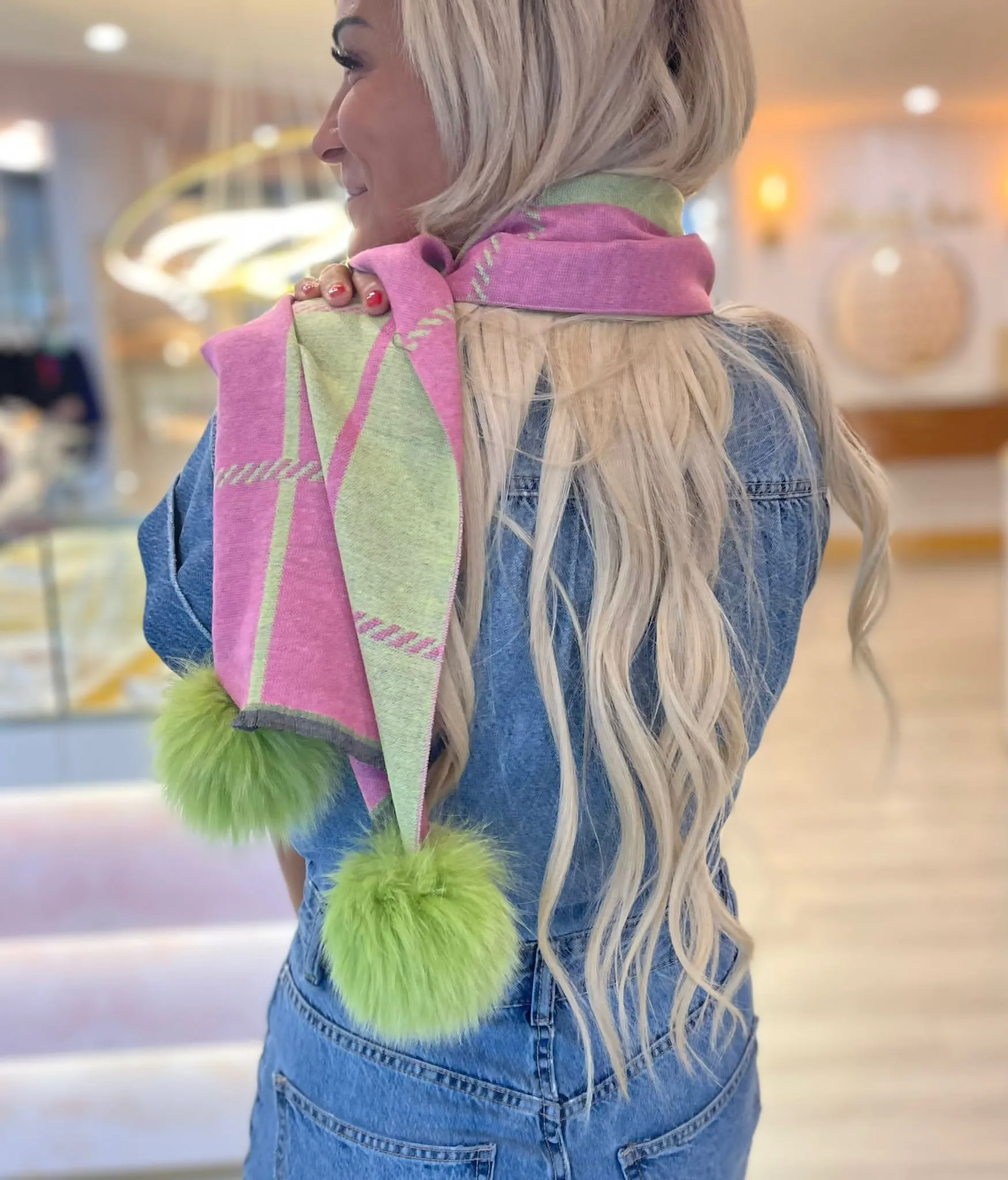 Pink & Green Plaid Pom Pom Scarf