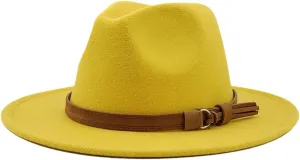 Pulcykp Women's Wool Fedora Hat With Leather Ribbon Winter Autumn Wide-Brimmed Jazz Hat YELLOW 58-61CM