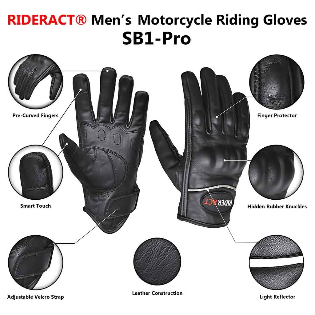 RIDERACT® Motorbike Gloves SB1-Pro UNISEX Leather Moto Gloves Black