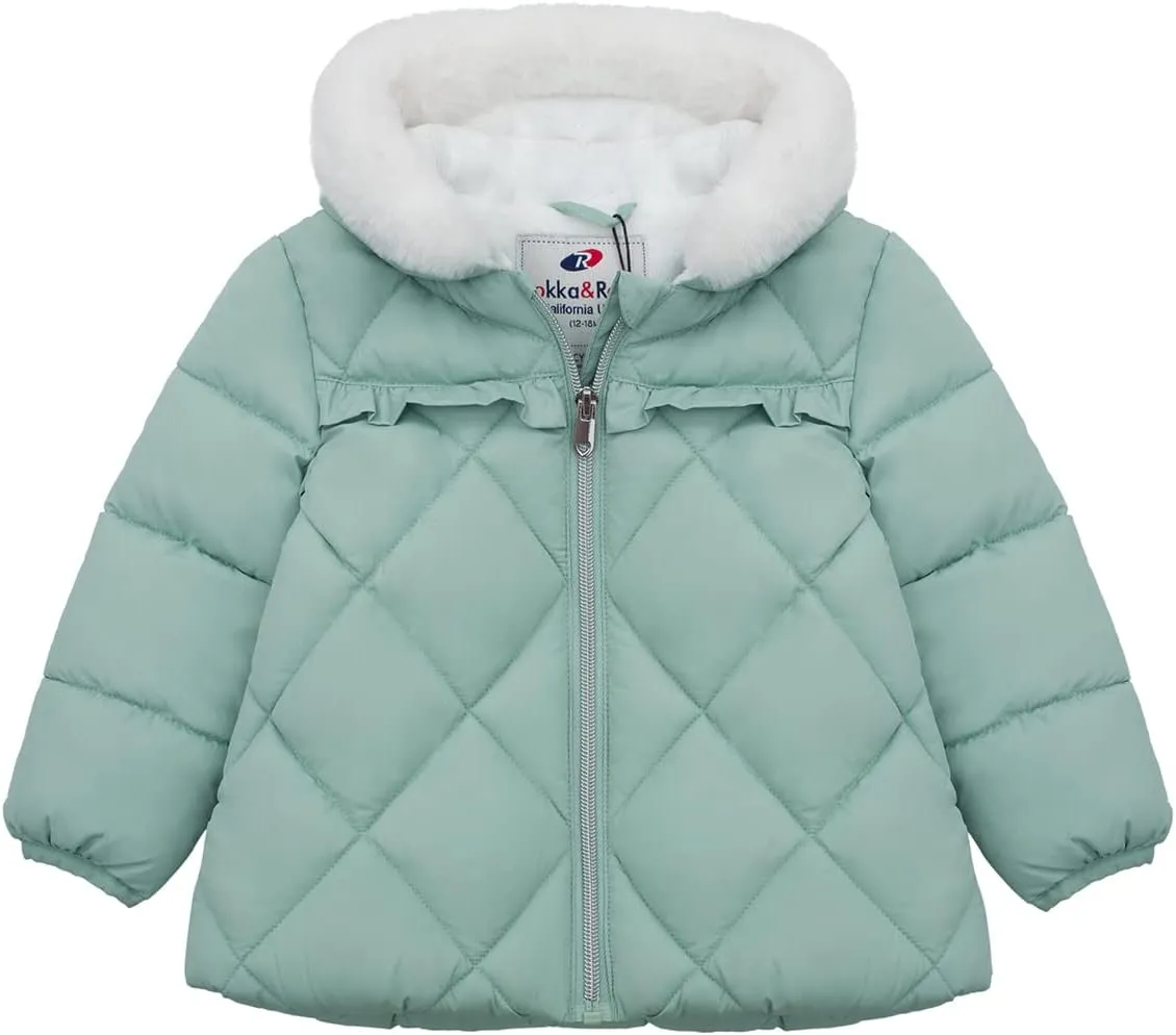 Rokka&Rolla Baby Girls' Water-Resistant Puffer Jacket Hooded Winter Coat with Soft Mini Fur Lining for Newborn Infant Toddler