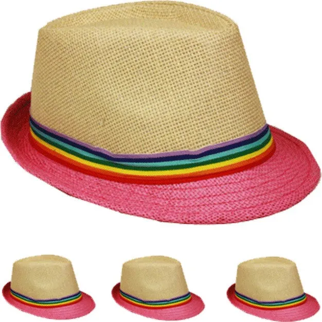 tan fedora hat with pink brim Case of 72