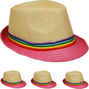 tan fedora hat with pink brim Case of 72