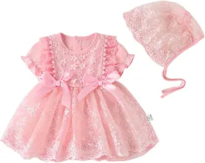 Toddler Baby Girl Long Sleeve Fall Dress Flower Lace Wedding First Birthday Baptism Christening Dresses with Hat Outfit