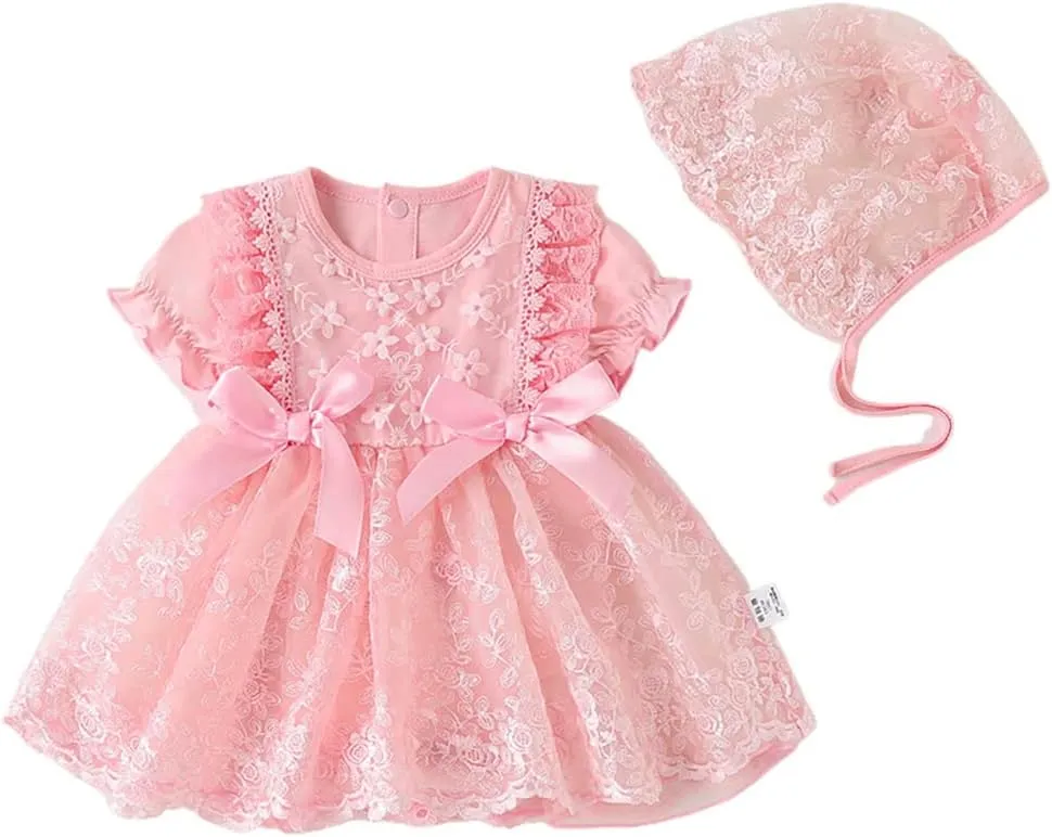 Toddler Baby Girl Long Sleeve Fall Dress Flower Lace Wedding First Birthday Baptism Christening Dresses with Hat Outfit
