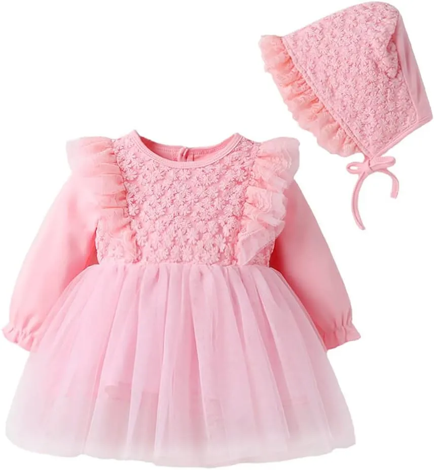 Toddler Baby Girl Long Sleeve Fall Dress Flower Lace Wedding First Birthday Baptism Christening Dresses with Hat Outfit