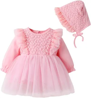 Toddler Baby Girl Long Sleeve Fall Dress Flower Lace Wedding First Birthday Baptism Christening Dresses with Hat Outfit