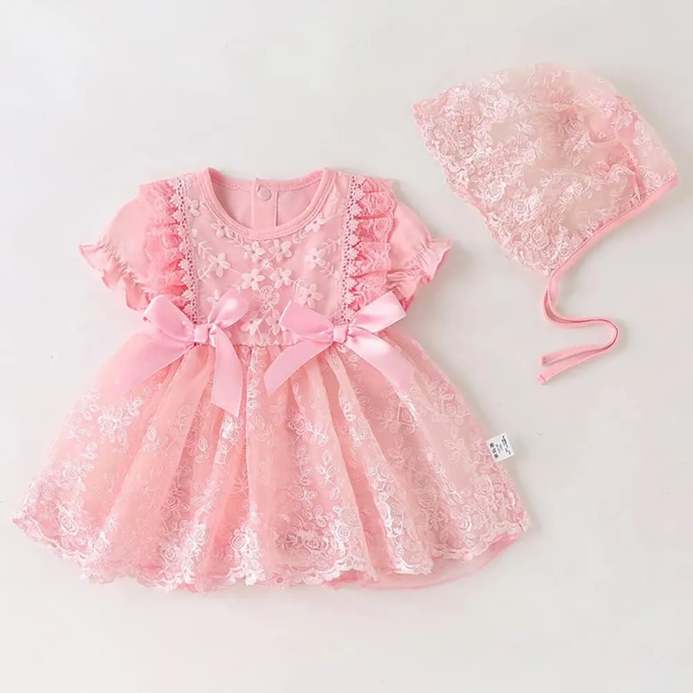 Toddler Baby Girl Long Sleeve Fall Dress Flower Lace Wedding First Birthday Baptism Christening Dresses with Hat Outfit