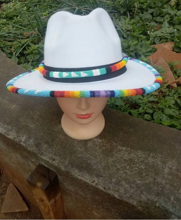 White fedora hat|cowboy hat|summer hats|brim hat in rainbow beaded colors masaai maasai Masai with free shipping world wide